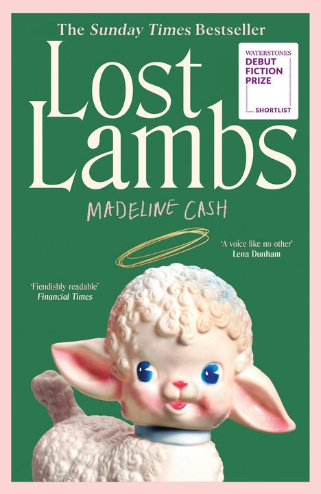"Lost Lambs" von Madeline Cash. Grüner Hintergrund, rosa Rand, Figur eines lächelnden Lämmchens mit großen blauen Augen.