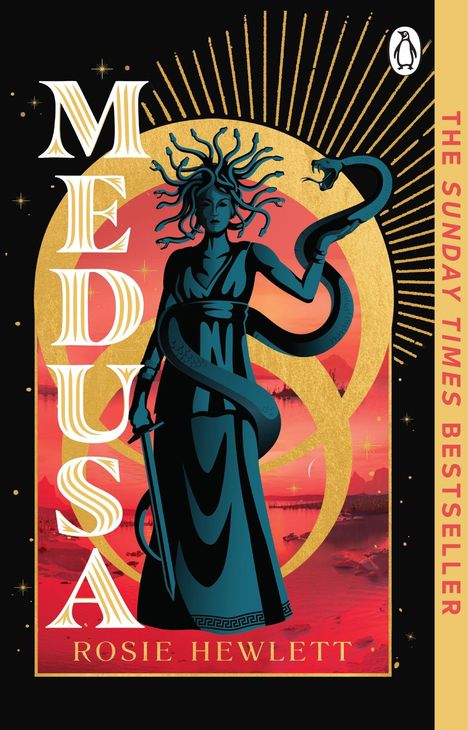 "MEDUSA" in großer, stilisierter Schrift. Eine Illustration von Medusa mit Schlangenhaaren vor einem goldenen Sonnenstrahl.
