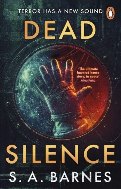 "Terror Has a New Sound", "Dead Silence", "S. A. Barnes". Ein Handschuh in einem gesprungenen Helm, Hintergrund in dunklen Farben.