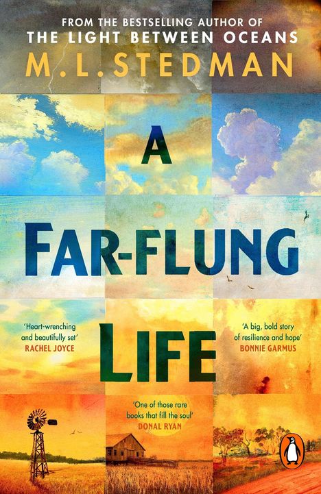 Text: "M.L. Stedman, A Far-Flung Life." Eindrückliche Landschaften mit Himmel und Landschaft, Windrad und Gebäude.