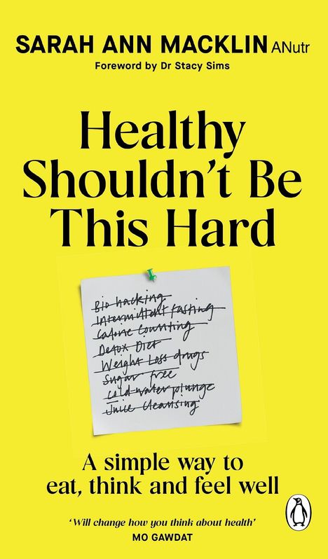 "Healthy Shouldn't Be This Hard." Gelber Hintergrund, Notizzettel mit durchgestrichenen Diätmethoden, Pinguin-Logo rechts unten.