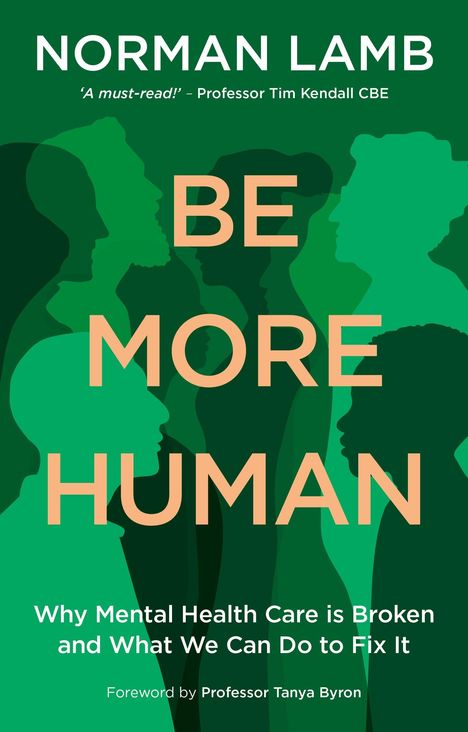 „BE MORE HUMAN“ in orangener Schrift auf grünen Silhouetten menschlicher Profile.