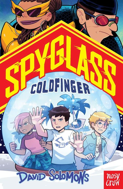 "SPYGLASS COLD FINGER DAVID SOLOMONS" mit vier gezeichneten Figuren, darunter tropische Motive und Schneeglaskugel.