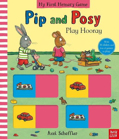 "Pip and Posy: Play Hooray" steht oben, darunter cartoonartige Tiere beim Spielen. Farbenfrohe Spielflächen.