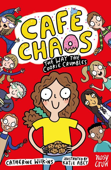 „CAFE CHAOS: THE WAY THE COOKIE CRUMBLES“. Bunte Illustration von fröhlichen Menschen auf rotem Hintergrund.