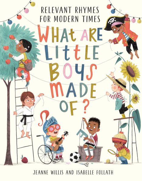 Titel: "Relevant Rhymes for Modern Times: What Are Little Boys Made Of?" Kinder in fantasievollen Kostümen beim Spielen.