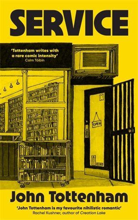 "Service" oben, "John Tottenham" unten. Zitat: "Tottenham writes with a rare comic intensity". Buchladen mit offenen Tür.