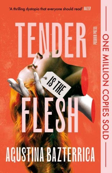 "Tender is the Flesh" von Agustina Bazterrica, roter Hintergrund, zeigt dreidimensionalen weiblichen Kopf mit rotem Lippenstift.