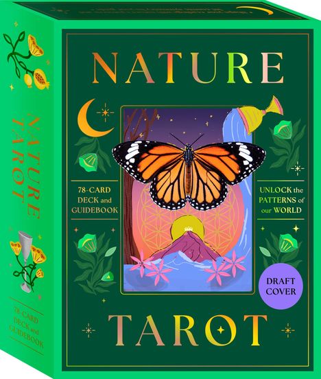 Titel: "NATURE TAROT". Untertitel: "78-CARD DECK and GUIDEBOOK". Ein Schmetterling über einem Berg.