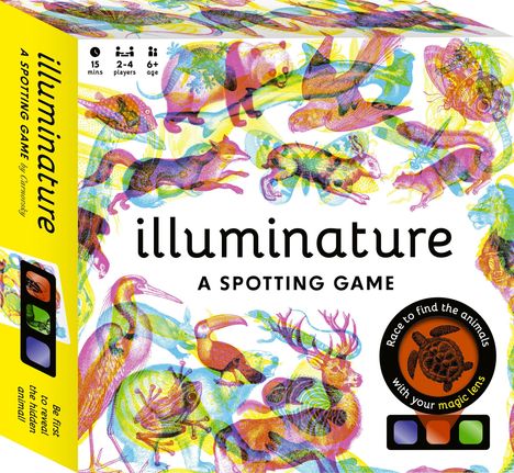 Text: "illuminature A SPOTTING GAME", "Be first to reveal the hidden animal", "Race to find the animals with your magic lens". 

Bunte Tierillustrationen.