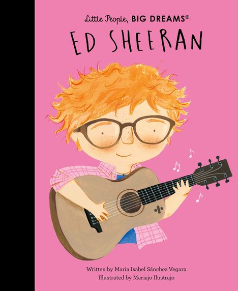 Illustration: Ein Kind mit lockigem, rotem Haar und Brille spielt Gitarre auf rosa Hintergrund.