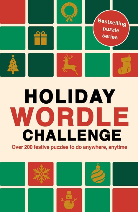 „HOLIDAY WORDLE CHALLENGE“ Text in großen Buchstaben, darunter „300 festliche Rätsel“. Festliche Symbole sind dargestellt.