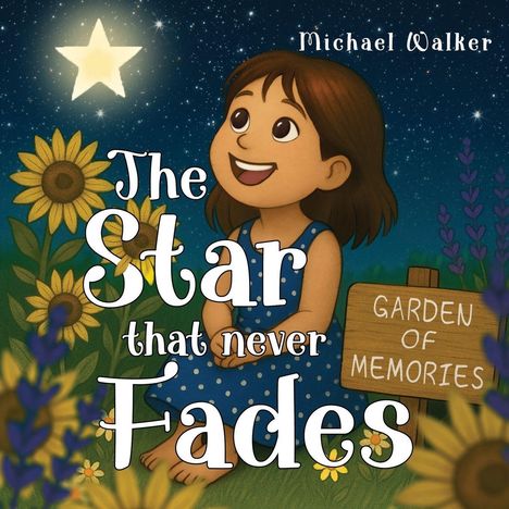 "The Star that never Fades", "Garden of Memories", Michael Walker. Illustration: Mädchen im blauen Kleid, Sterne, Sonnenblumen.