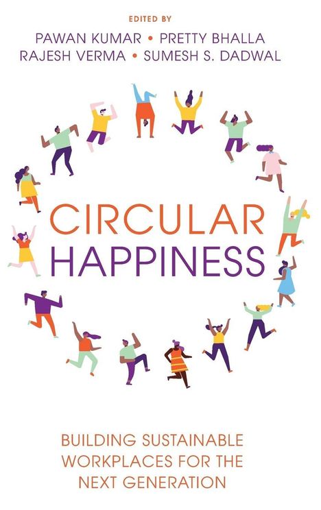 "Circular Happiness. Building Sustainable Workplaces for the Next Generation." Illustration von tanzenden Menschen im Kreis.