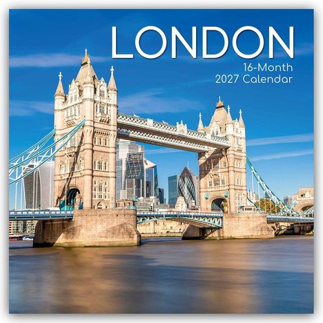 Text: "LONDON 16-Month 2027 Calendar". Tower Bridge vor modernen Londoner Wolkenkratzern, blauer Himmel.