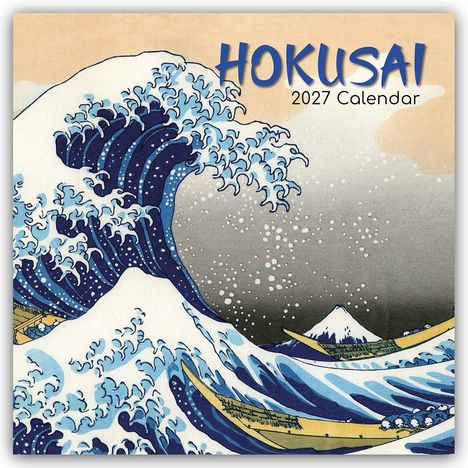 „HOKUSAI 2027 Calendar“. Illustration: Große blaue Welle und kleiner Berg im Hintergrund, im traditionellen Stil.