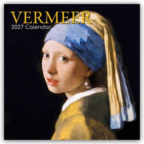 VERMEER, 2027 Calendar. Gemälde eines Mädchens mit einem blauen Kopftuch und Perlenohrring.