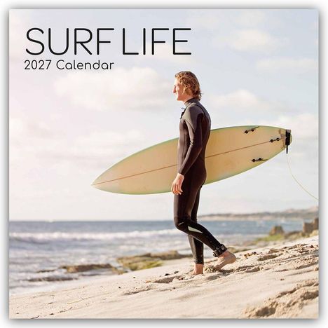 „SURF LIFE 2027 Calendar“; Person mit Surfbrett am Strand, Blick aufs Meer, klarer Himmel.