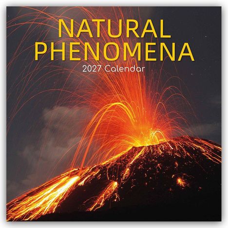 "Natural Phenomena 2027 Calendar" steht über einem Vulkan, der glühende Lava und Funken in den Nachthimmel schleudert.