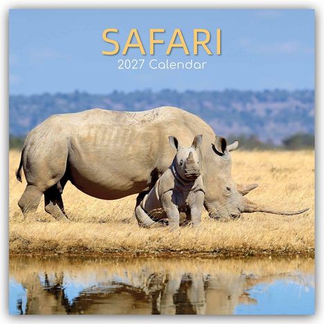 Text: "SAFARI 2027 Calendar." Zwei Nashörner stehen auf einer trockenen Wiese nahe einem Wasserloch.