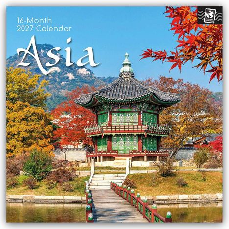 „16-Month 2027 Calendar Asia“. Ein traditionelles asiatisches Pavillon umgeben von Herbstfarben und Bergen im Hintergrund.