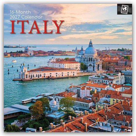 Text: "16-Month 2027 Calendar ITALY." Luftaufnahme von Venedigs Architektur und Wasserstraßen bei Sonnenuntergang.