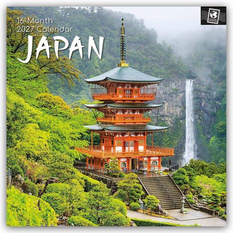 Text: "16-Month 2027 Calendar JAPAN". 

Eine Pagode vor einem Wasserfall in grün bewaldeter Landschaft.