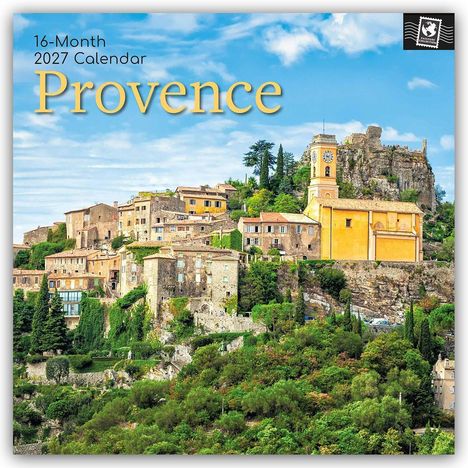 „16-Month 2027 Calendar Provence“ in gelber und schwarzer Schrift. Es zeigt ein malerisches Bergdorf mit historischer Kirche.