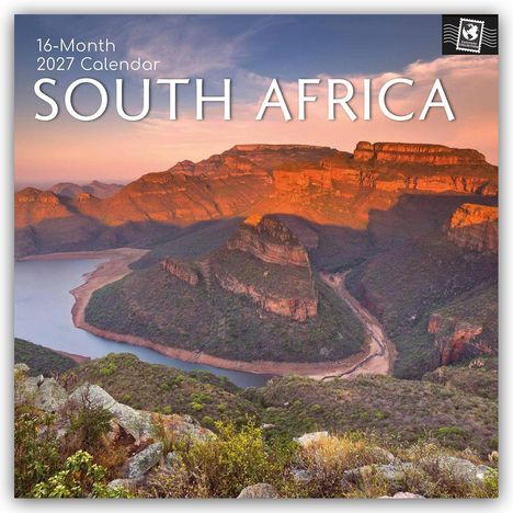 "16-Month 2027 Calendar SOUTH AFRICA" zeigt eine eindrucksvolle Landschaft mit einem Flusstal und roten Felsen im Sonnenuntergang.