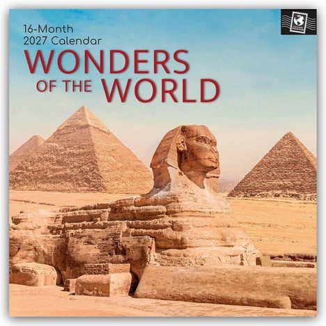 „16-Month 2027 Calendar. WONDERS OF THE WORLD. Sphinx und Pyramiden in einer Wüstenlandschaft unter blauem Himmel.“