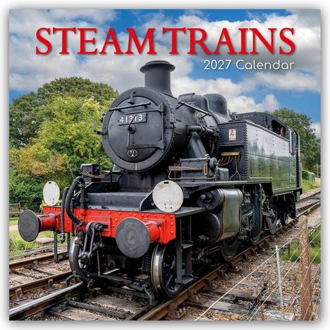„STEAM TRAINS 2027 Calendar“. Eine schwarze Dampflokomotive auf Gleisen mit grünem Hintergrund aus Bäumen.
