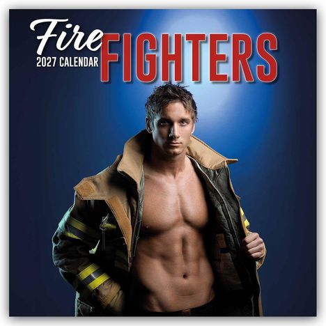 „2027 Calendar Firefighters“: Ein muskulöser Mann in Feuerwehrkleidung vor blauem Hintergrund.