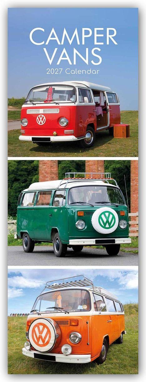 "Camper Vans 2027 Calendar" zeigt drei bunte VW-Busse auf Wiesen.