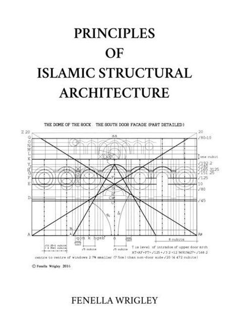 Titel: Principles of Islamic Structural Architecture. Darunter: Technische Zeichnung der Südfassade des Felsendoms, mit Maßen. Text von Fenella Wrigley.
