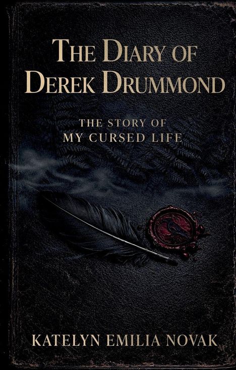 "The Diary of Derek Drummond", "The story of my cursed life", "Katelyn Emilia Novak". Dunkler Hintergrund, Feder, Wachssiegel.