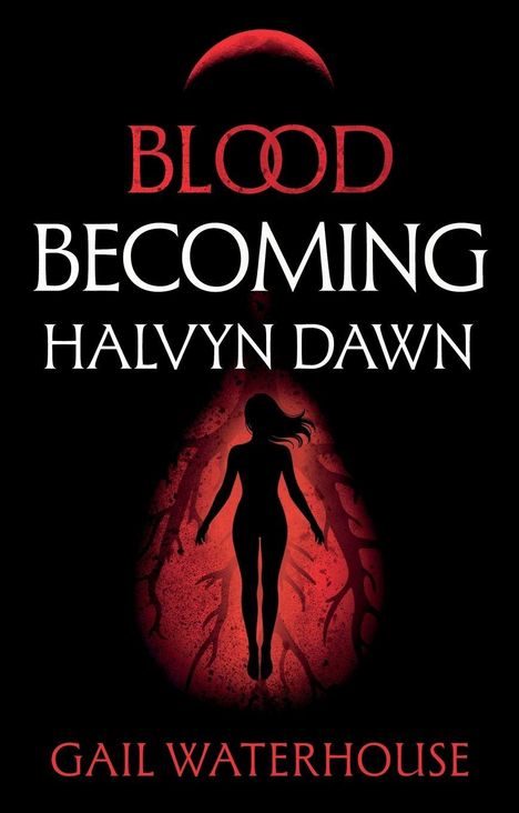 „Blood Becoming Halvyn Dawn“ von Gail Waterhouse. Silhouette einer Frau vor roten Adern, Mond im Hintergrund.