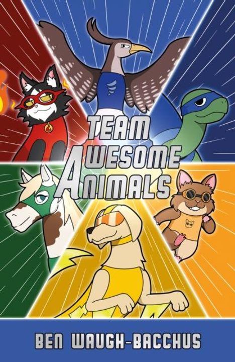 "TEAM AWESOME ANIMALS" aufgeteilt in fünf Segmente mit cartoonhaften Tieren in verschiedenen Farben und Posen.