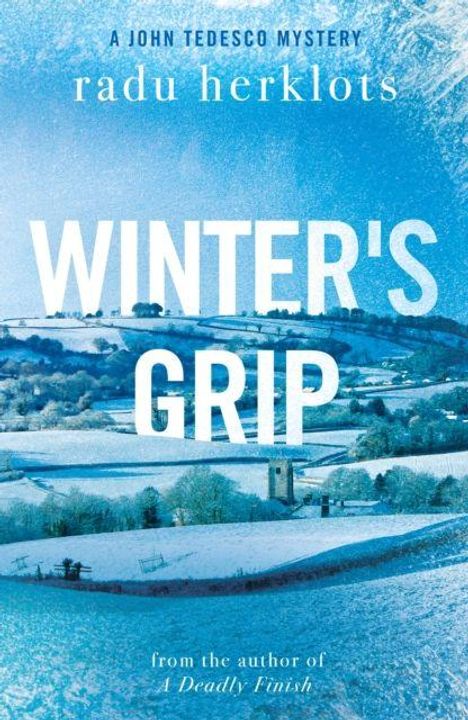 "Winter's Grip" von Radu Herklots; verschneite Landschaft mit Hügeln und Bäumen, hellblau-weißer Farbton.