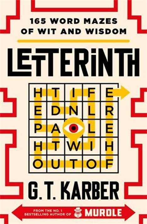 Text: "165 Word Mazes of Wit and Wisdom", "Letterinth", "G.T. Karber". Kreuzworträtsel-Muster mit einem roten Auge in der Mitte.