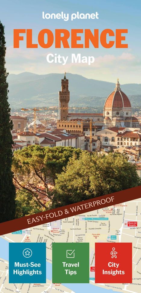 „lonely planet FLORENCE City Map“. Darunter Florenz-Panorama, Titel zeigt Kirchen und Gebäude, Karte und Highlights.