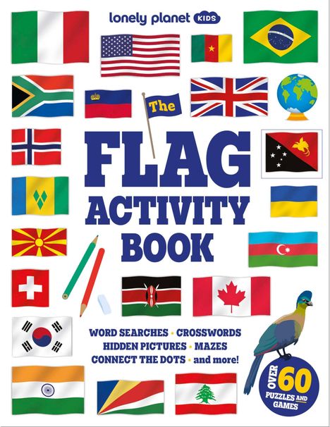 "The Flag Activity Book" steht in großen Buchstaben, umgeben von bunten Flaggen, einem Globus und einer Illustration eines Vogels.