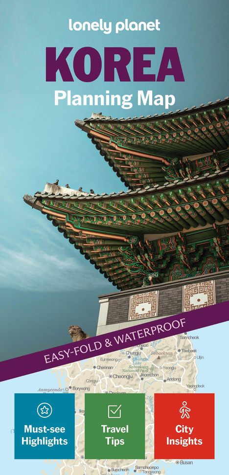 "KOREA Planning Map", "EASY-FOLD & WATERPROOF", "Must-see Highlights", "Travel Tips", "City Insights". Traditionelles Dach.