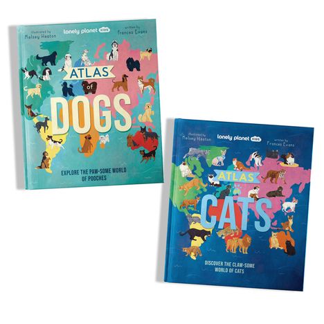 "Atlas of Dogs" und "Atlas of Cats" Bücher. Illustrationen von Hunden und Katzen auf bunten Weltkarten.
