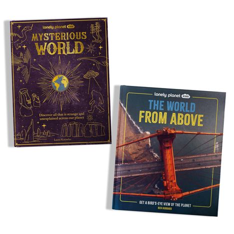 Links: "Mysterious World" mit Illustrationen und Erde. Rechts: "The World from Above" mit einer Brücke von oben.