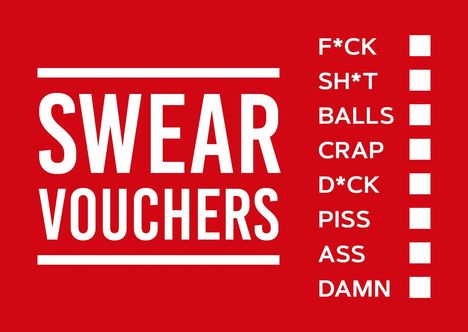 "Swear Vouchers" in großen Buchstaben. Liste von Schimpfwörtern mit Auswahlkästchen. Hintergrund ist rot.