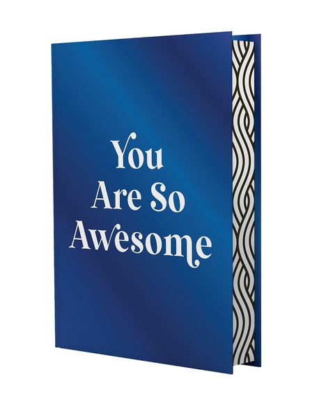 Text "You Are So Awesome". Blaues Buchcover mit weißen, dekorativen Wellenlinien an der Seite.