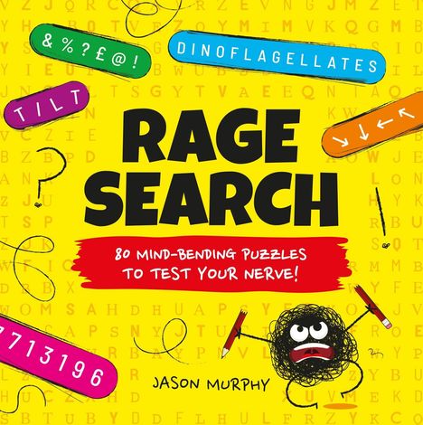 "RAGE SEARCH" in großen Buchstaben, darunter "80 MIND-BENDING PUZZLES TO TEST YOUR NERVE!" Cartoon-Figur mit Stiften.