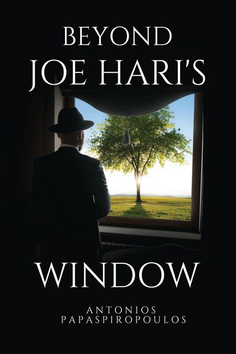 "BEYOND JOE HARI'S WINDOW" - Ein Mann im Anzug und Hut blickt aus einem Fenster auf einen Baum vor einem weiten Feld.