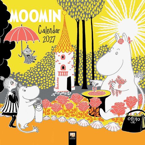 Aufschrift „MOOMIN Calendar 2021“. Illustration: Figuren im Garten mit Blumen, bunter Turm, großer Baum und Sonne.