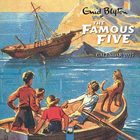 Texte: "THE FAMOUS FIVE", "CALENDAR 2027". Illustration: Kinder und ein Hund in einem Boot, im Hintergrund ein gestrandetes Schiff.